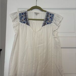 Lucky Brand White Blouse with Blue Embroidery
